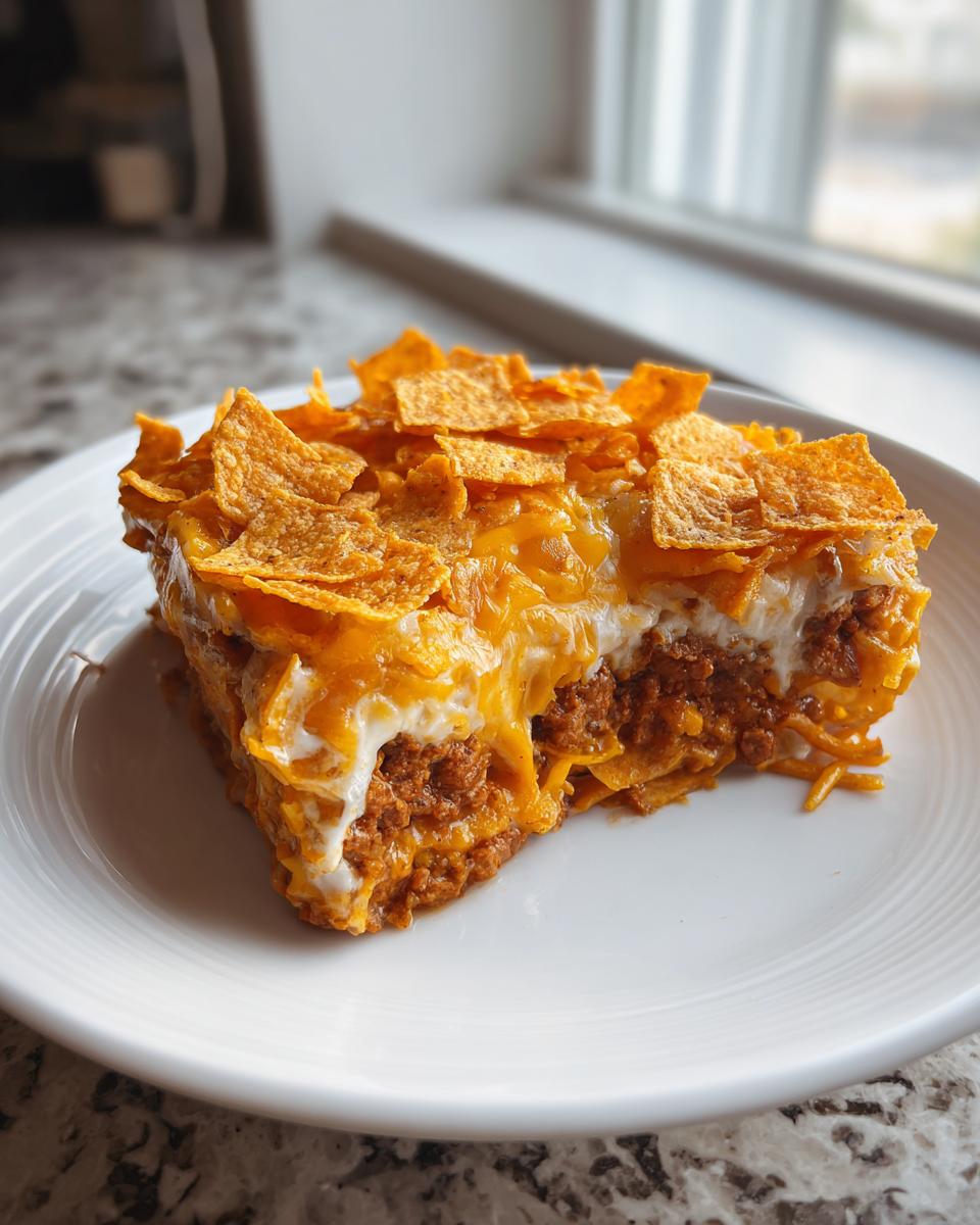 A generous slice of Dorito Casserole featuring layers of seasoned meat, cheese, and a crunchy Doritos topping.