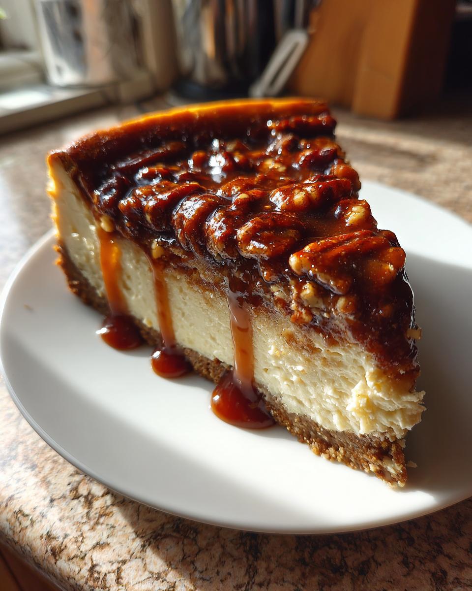A decadent slice of pecan pie cheesecake topped with sticky pecans and caramel sauce dripping down the side.