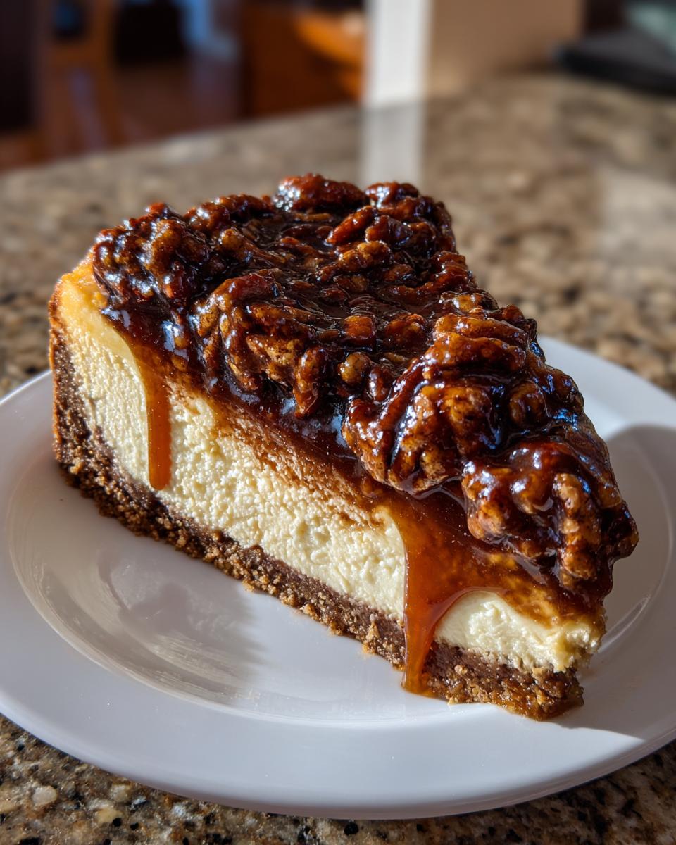 A decadent slice of pecan pie cheesecake featuring a thick pecan topping and dripping caramel sauce.