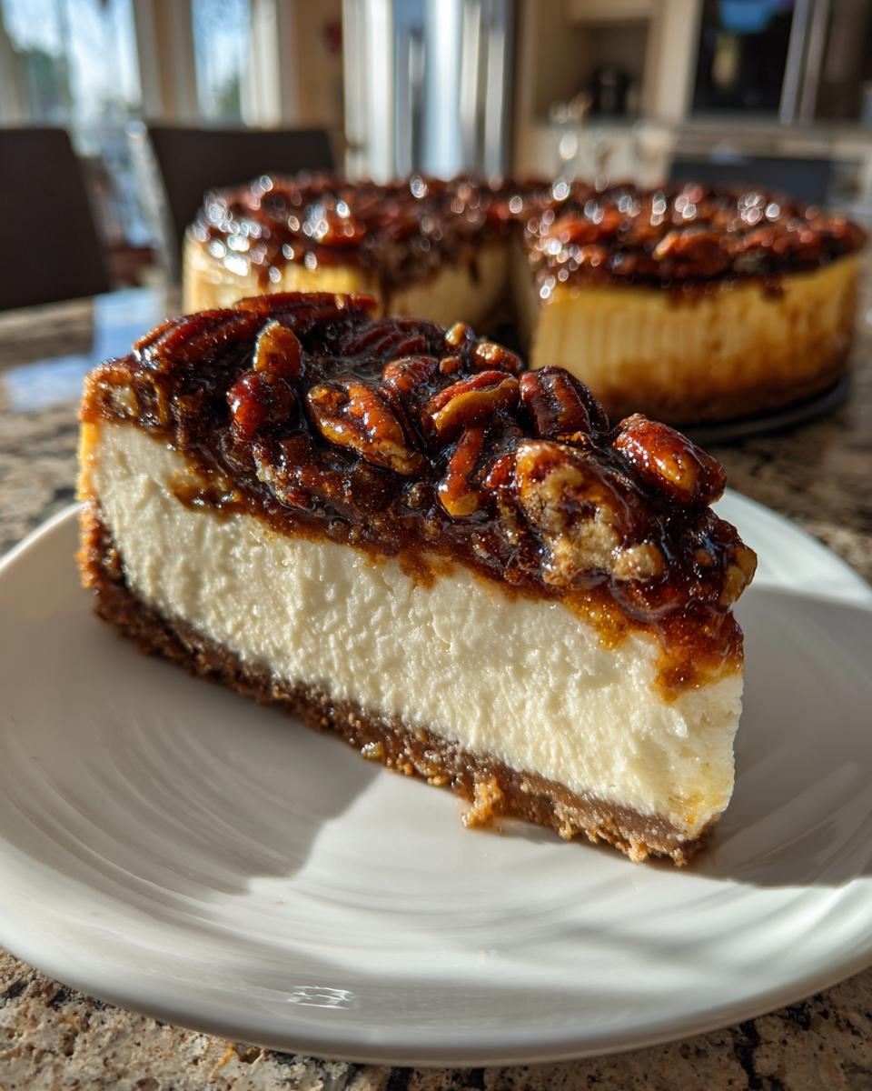A perfect slice of pecan pie cheesecake with a thick, creamy filling and sticky pecan topping, served on a white plate.