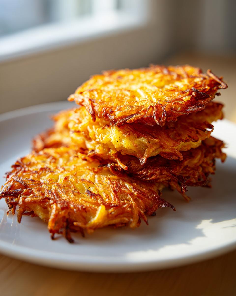 A stack of golden brown, crispy Potato latkes piled high on a white plate near a window.