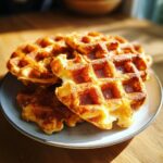 A stack of golden brown, freshly made high protein waffles piled on a light blue plate.