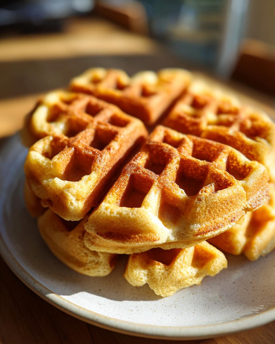 A close-up stack of golden brown, freshly made high protein waffles sitting on a light speckled plate.