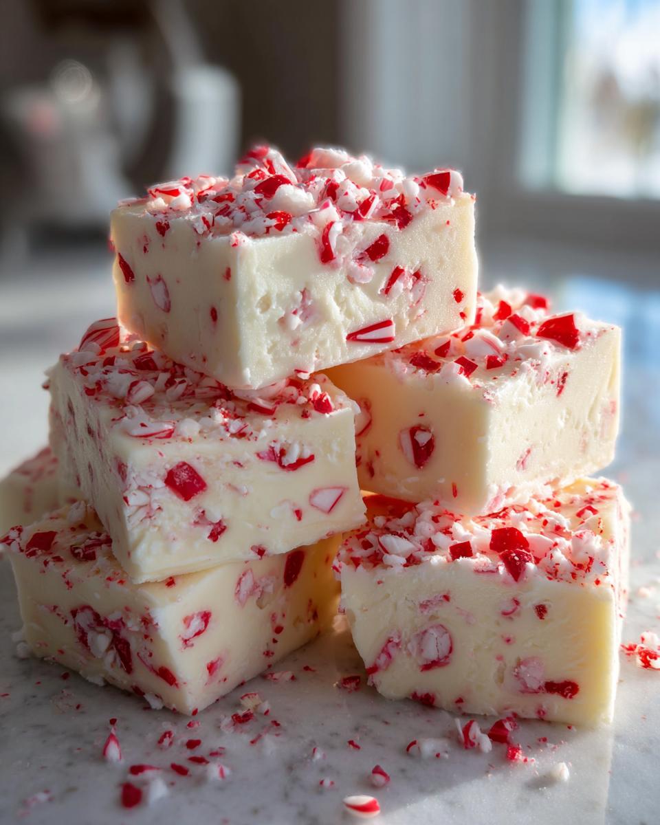 A stack of creamy white peppermint fudge squares topped with crushed red and white candy cane pieces.
