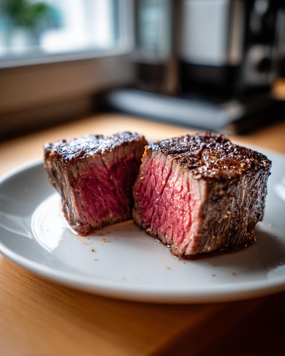 Close-up of a perfectly seared steak, cut in half to show a medium-rare interior, relevant to MARINADE FOR TUNA STEAK secrets.