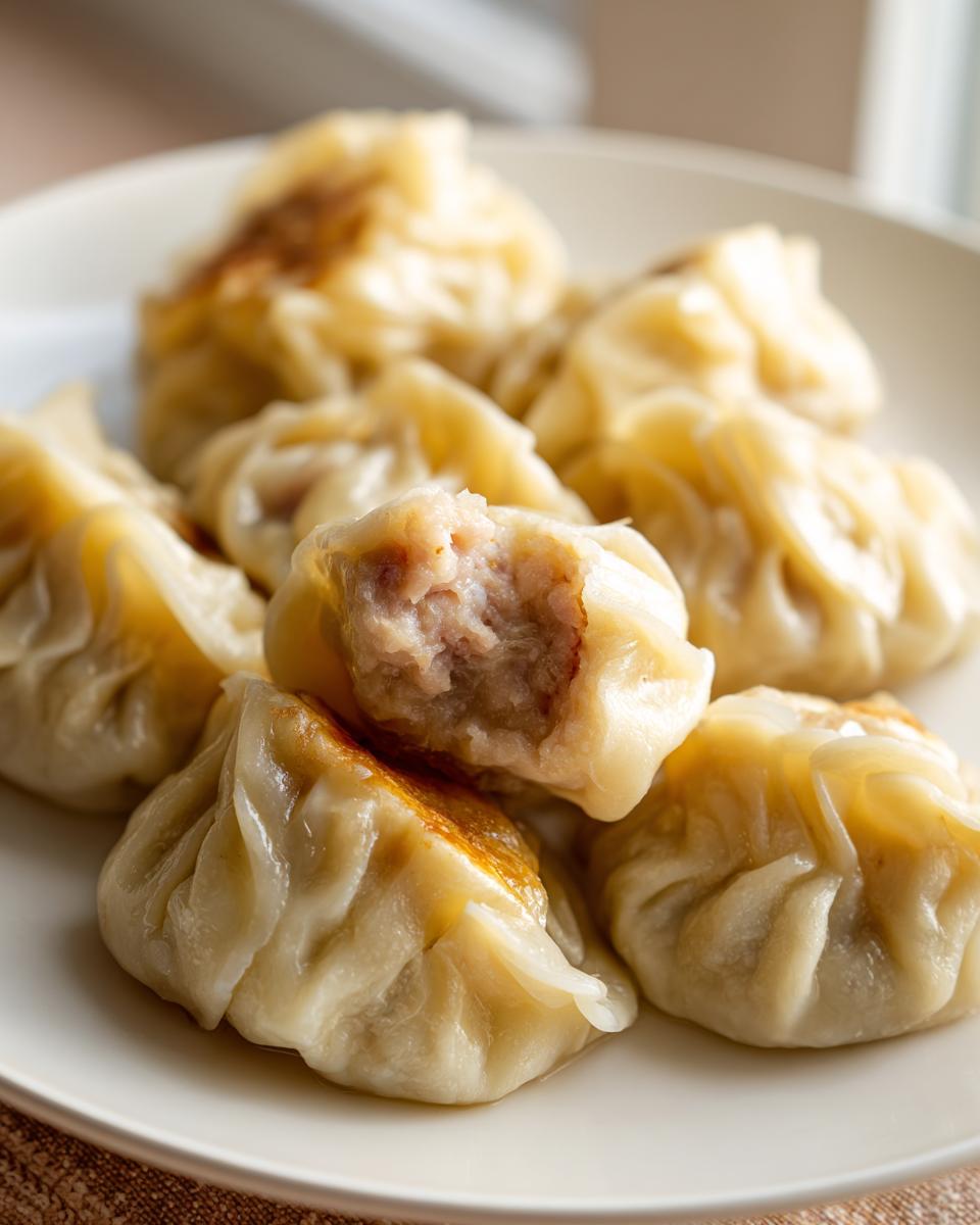 A plate of freshly cooked Traditional Chinese Dumplings, one is broken open revealing the savory meat filling.