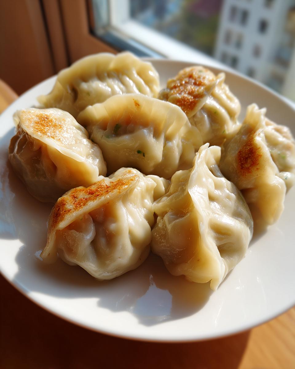 A close-up of several pan-fried Traditional Chinese Dumplings arranged on a white plate, showing golden-brown crispy bottoms.