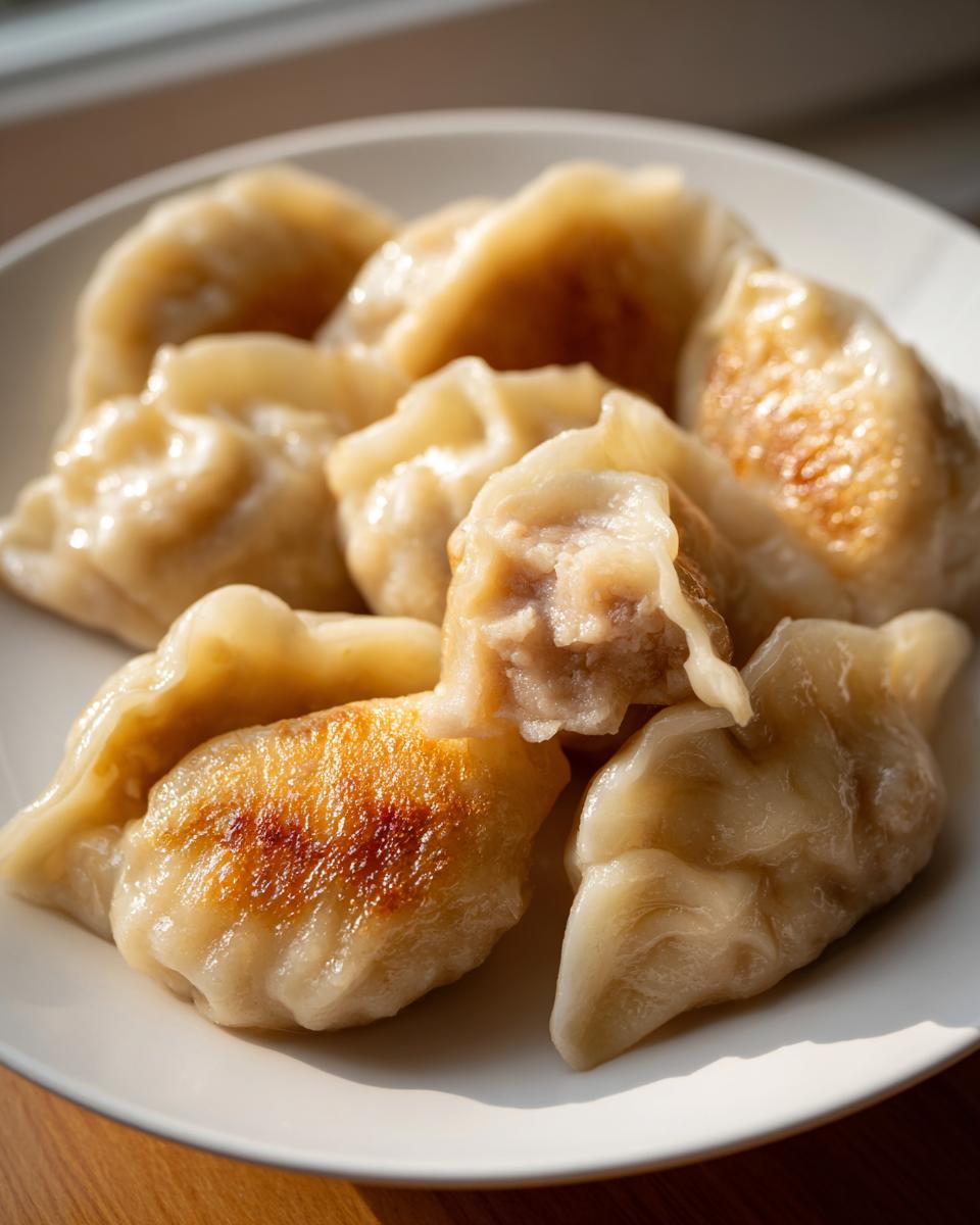A plate of golden-brown, pan-fried Traditional Chinese Dumplings, one is broken open showing the savory filling.