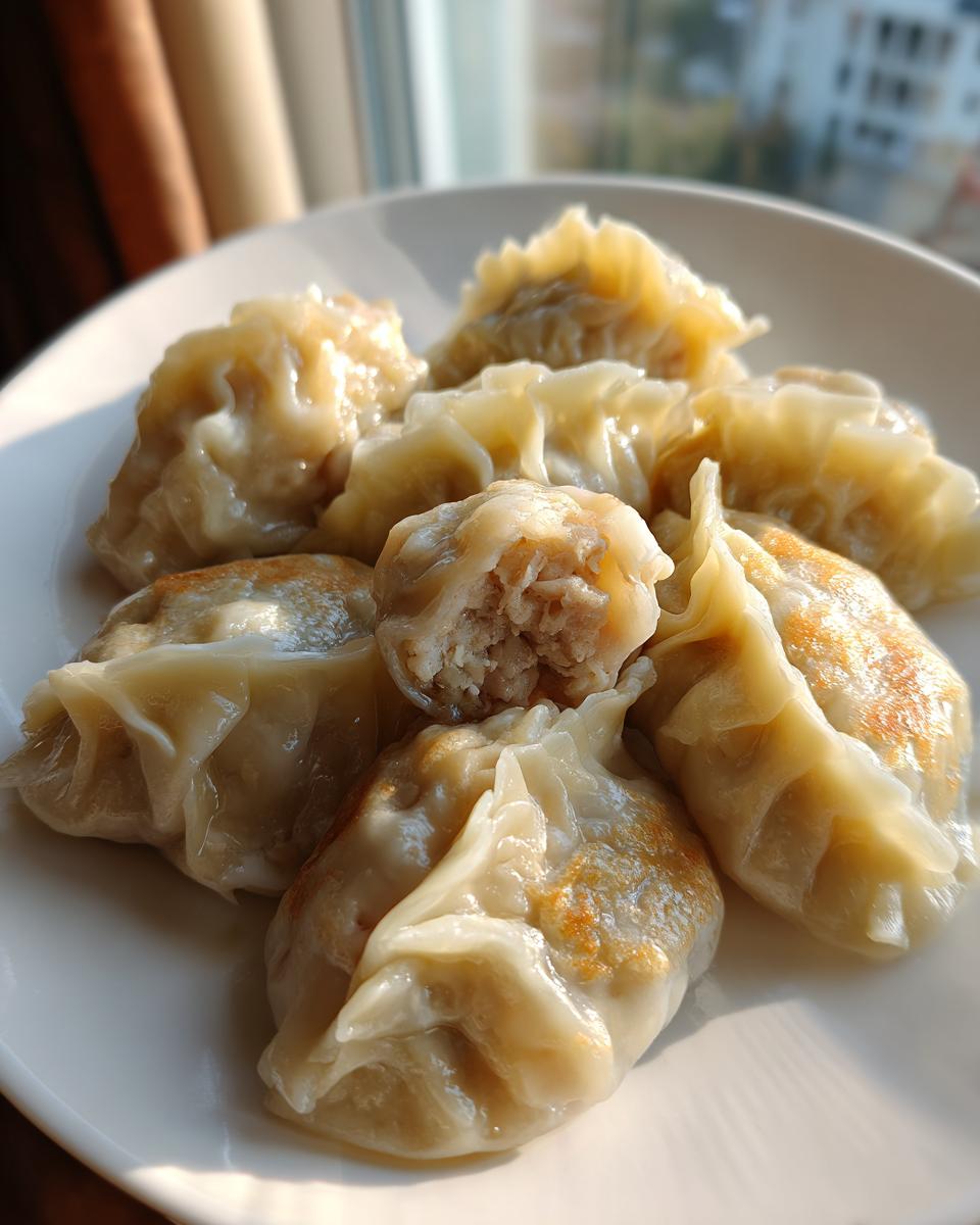 A plate of freshly cooked Traditional Chinese Dumplings, one cut open showing the savory meat filling.