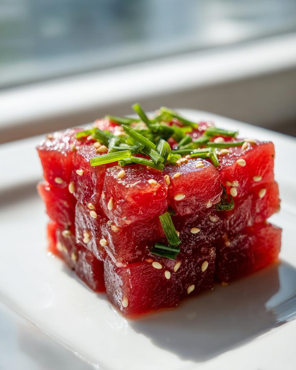 Close-up of vibrant red, cubed tuna tartare recipe, garnished with sesame seeds and fresh chives.