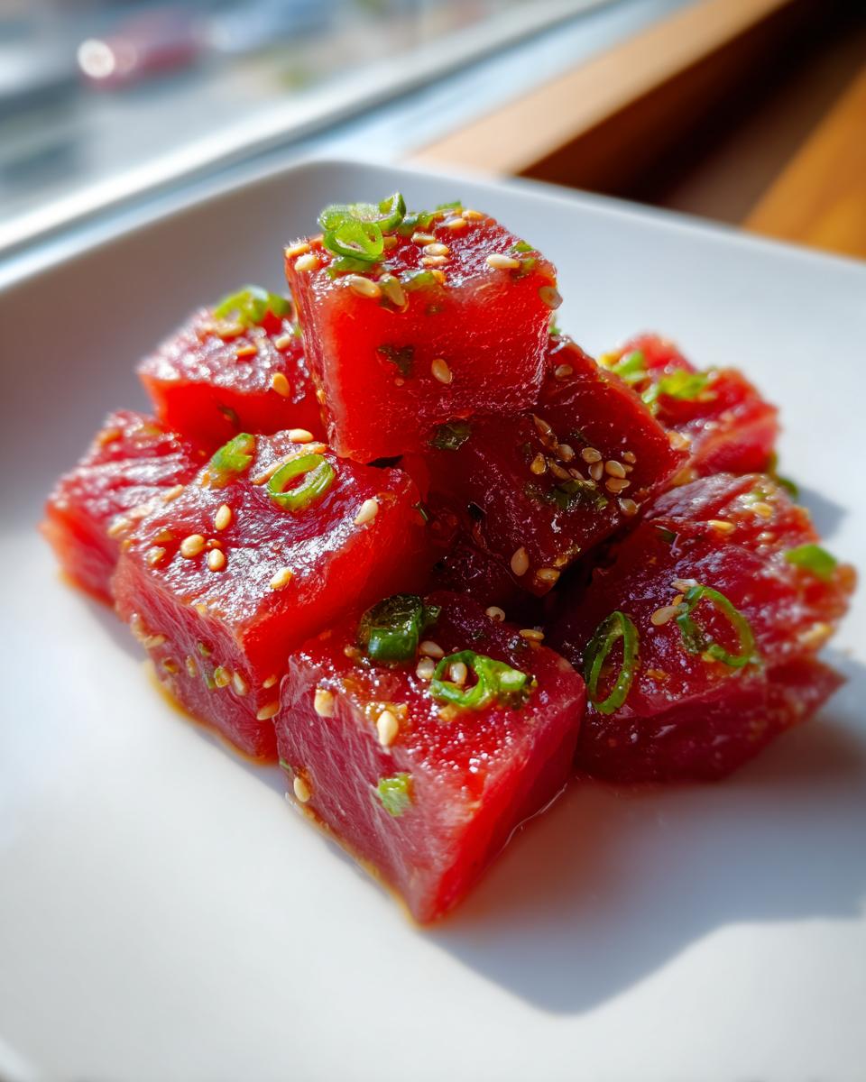 Close-up of bright red, cubed Ahi tuna seasoned for a Tuna Tartare Recipe, topped with sesame seeds and green onions.