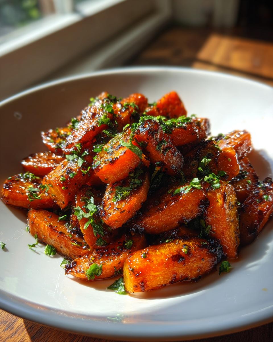 Close-up of vibrant, caramelized honey glazed carrots sprinkled with fresh green parsley in a white bowl.