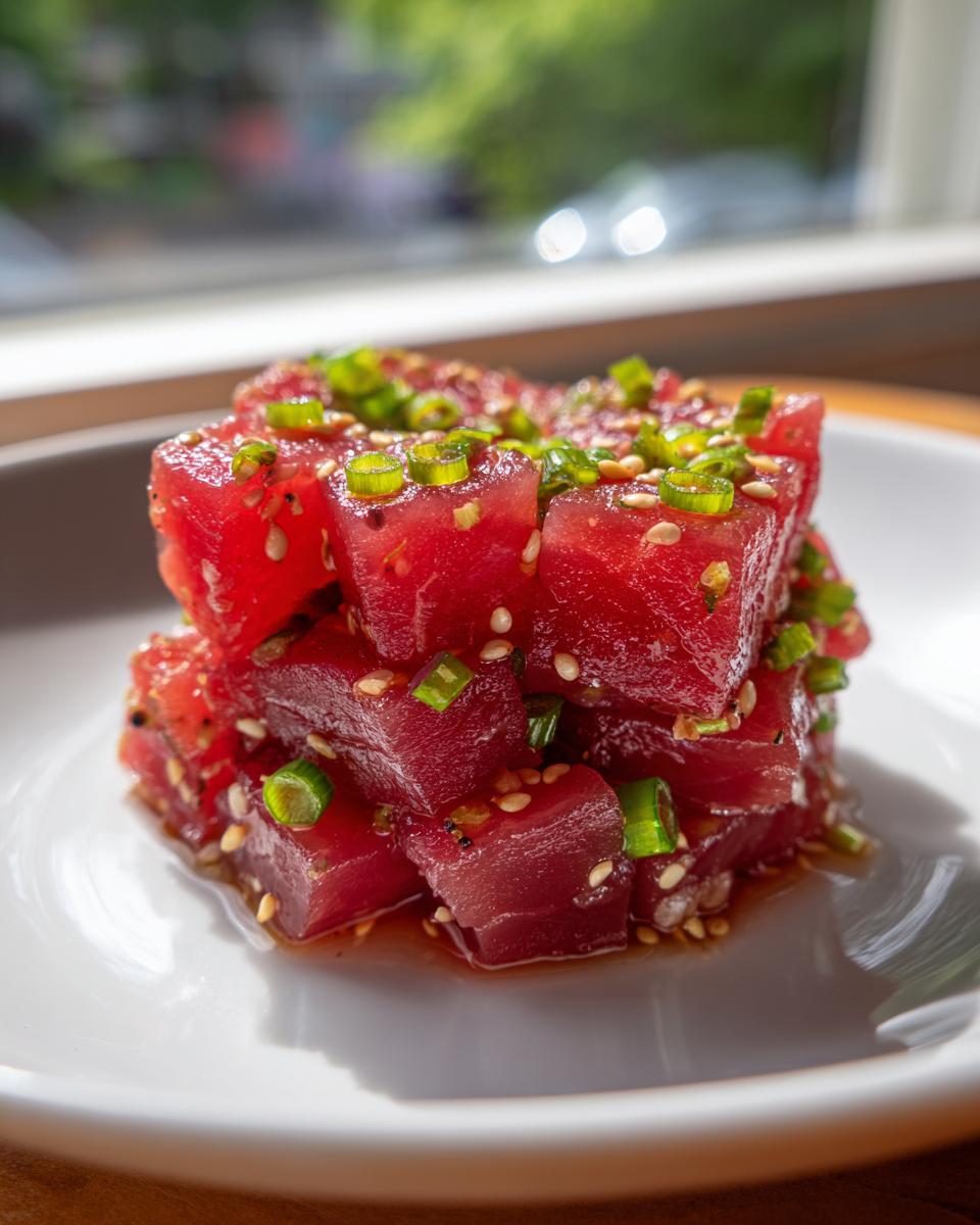 Close-up of bright red, cubed tuna tartare recipe, topped with green onions and sesame seeds, sitting on a white plate.