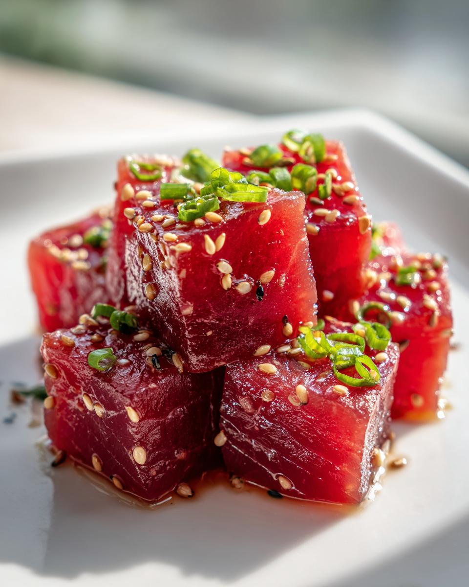 Close-up of bright red, cubed raw tuna seasoned for a Tuna Tartare Recipe, topped with sesame seeds and green onions.