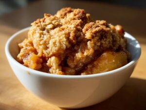 Close-up of a warm serving of homemade apple crisp with a crumbly oat topping in a white bowl.