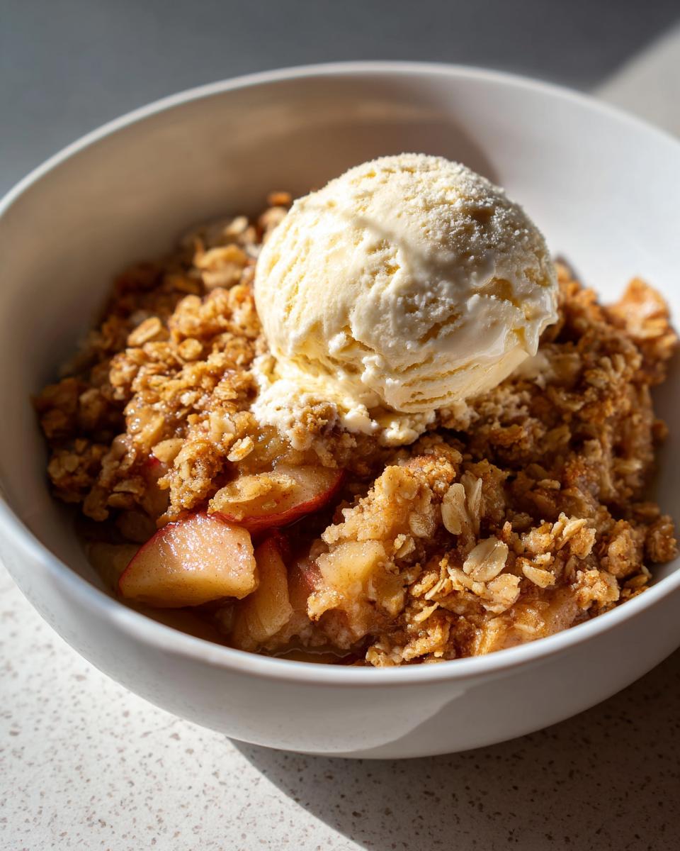A warm bowl of homemade apple crisp topped with a melting scoop of vanilla ice cream.