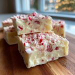 Close-up of creamy white peppermint fudge squares topped with crushed candy canes.