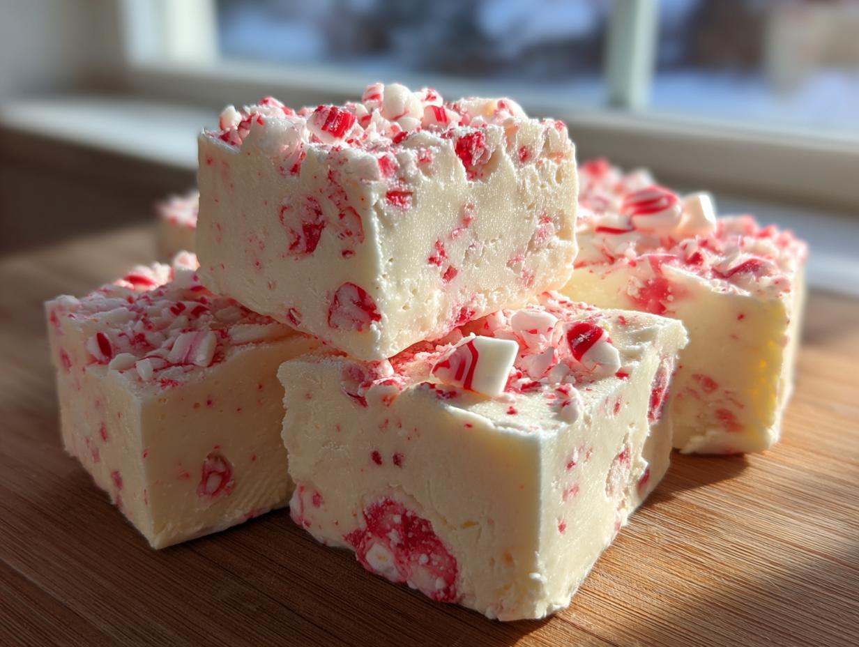 Close-up of creamy white peppermint fudge squares topped with crushed red and white candy canes.