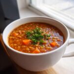 Close-up of a white mug filled with rich, orange-red lentil soup, topped with diced carrots and fresh parsley.