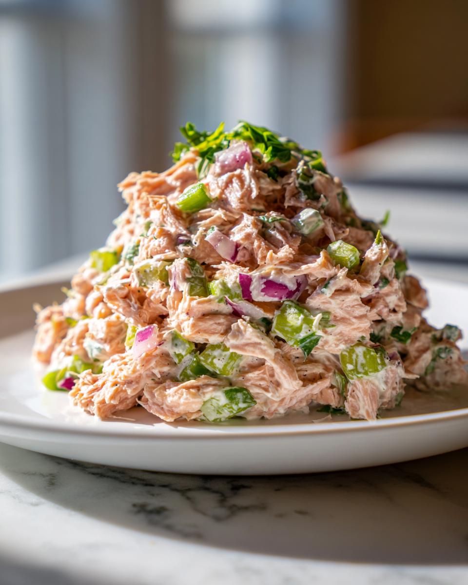 A generous mound of creamy salmon salad mixed with chopped celery and red onion, garnished with fresh herbs.