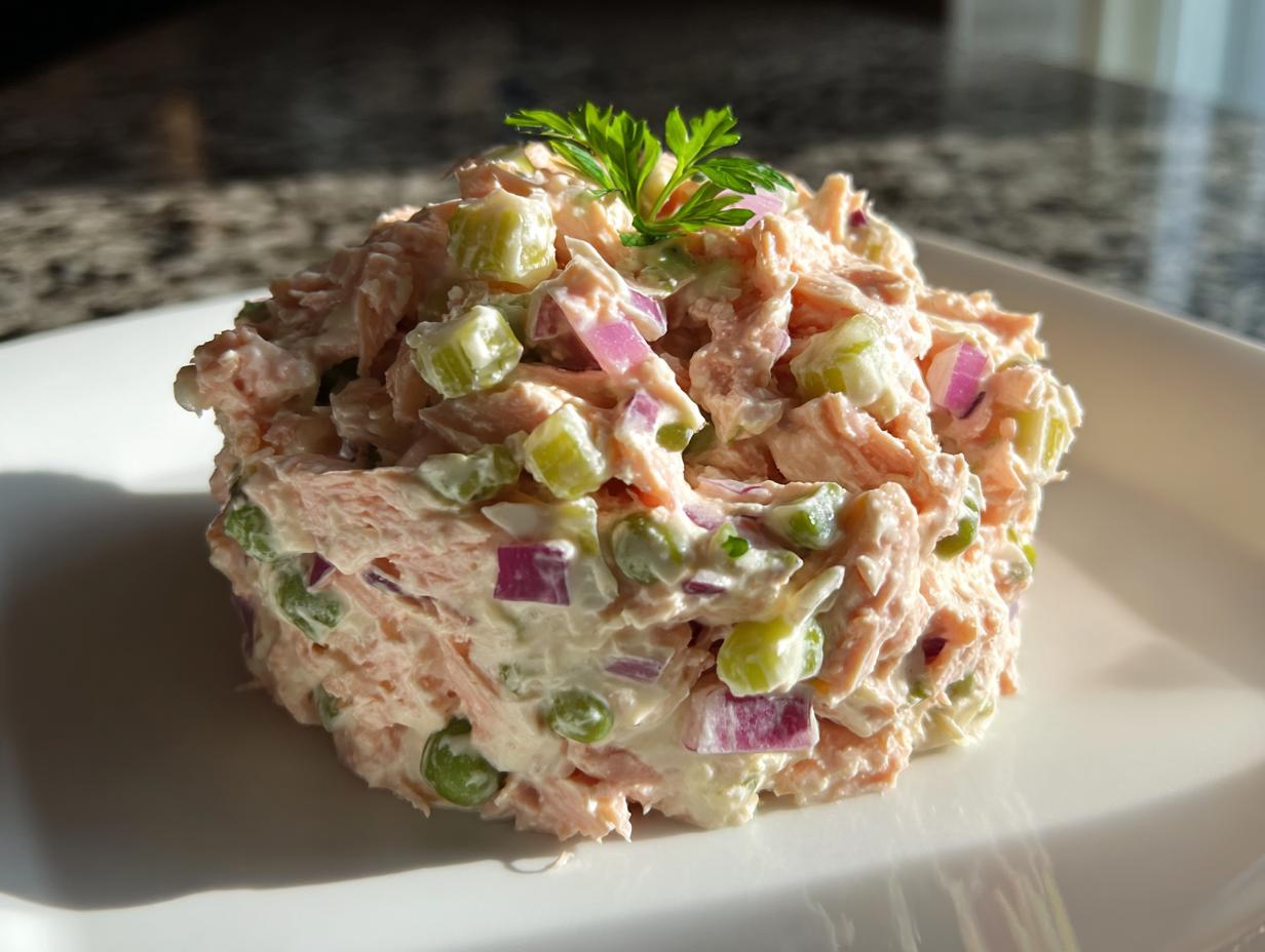 A molded serving of creamy salmon salad mixed with celery, red onion, and peas, garnished with parsley.
