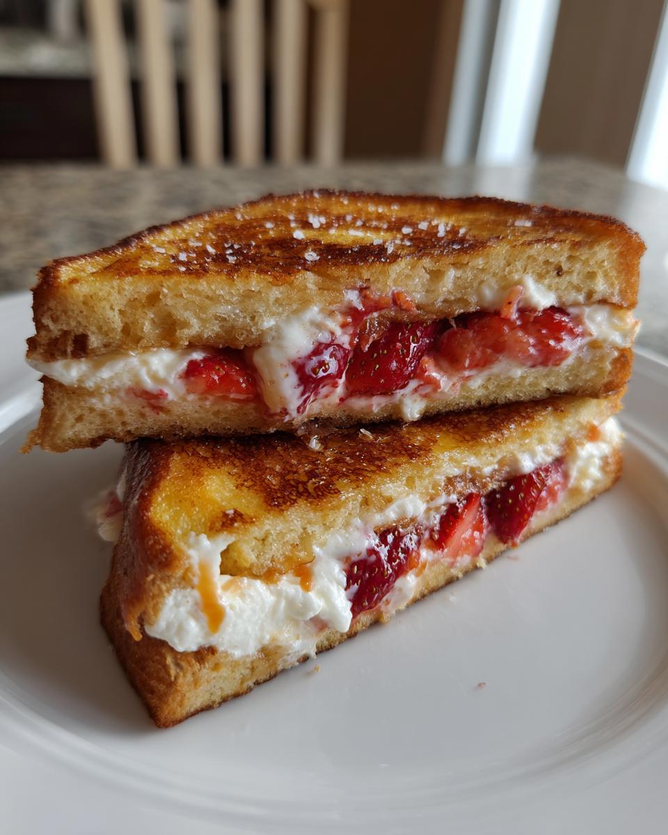 Two halves of golden brown stuffed french toast stacked, showing a creamy filling with sliced strawberries inside.