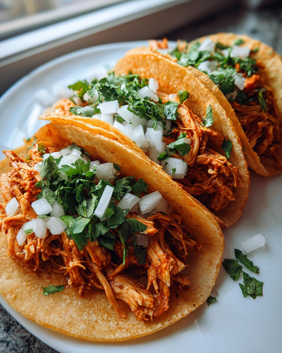 Close-up of three authentic chicken tacos filled with shredded seasoned chicken, topped with fresh diced white onion and cilantro.
