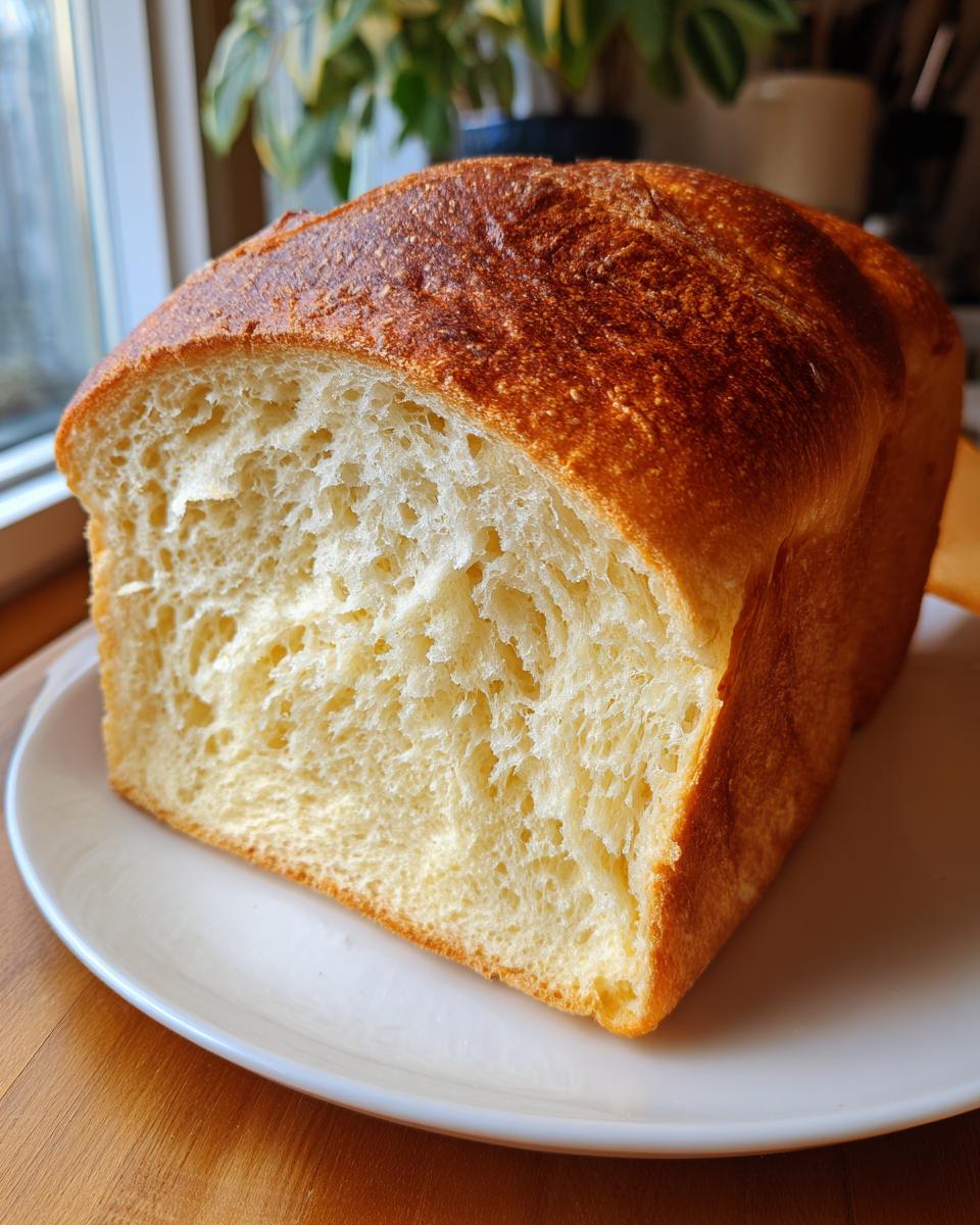 A thick slice of fluffy sourdough sandwich bread showing a soft, open crumb and golden crust.