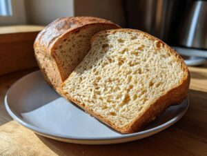A loaf of golden-brown sourdough sandwich bread, sliced to show the soft interior crumb, resting on a light blue plate.