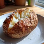 A perfectly cooked air fryer baked potato with crispy skin and fluffy white interior, sprinkled with coarse salt.