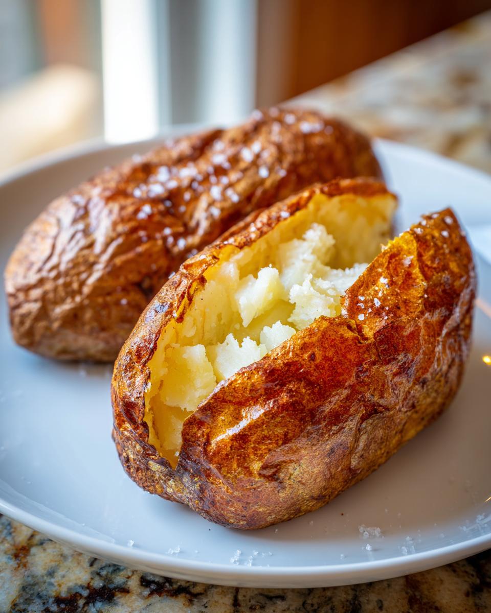 Close-up of a perfectly cooked air fryer baked potato, split open to show fluffy interior and salted, crispy skin.