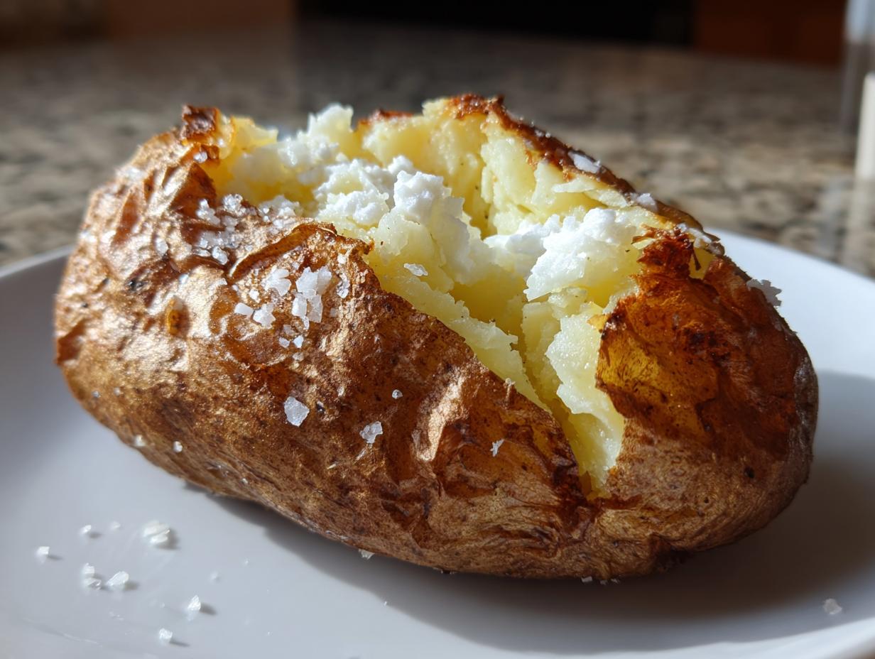 A perfectly cooked air fryer baked potato, split open to show fluffy interior and topped with coarse sea salt.