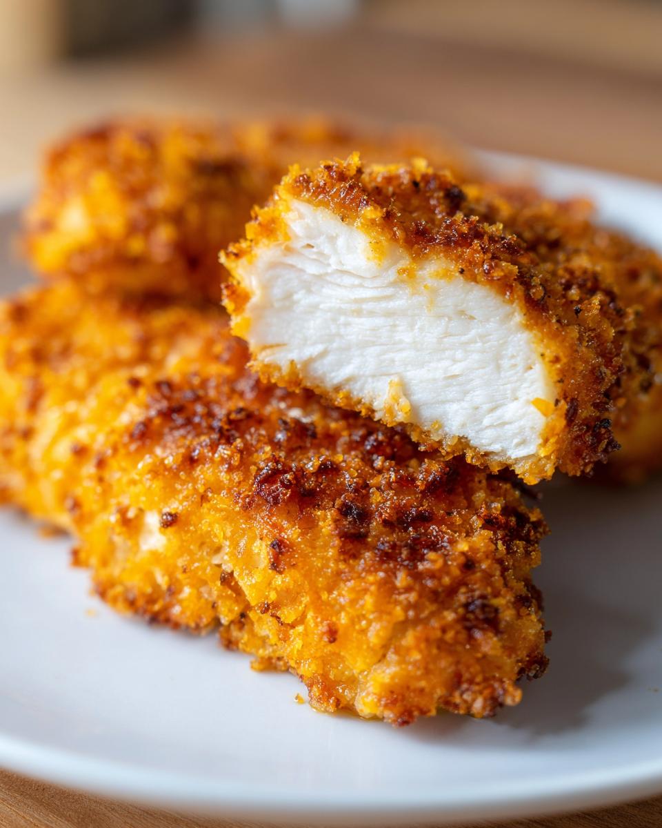 Close-up of a crispy air fryer chicken tenders piece cut in half showing juicy white meat inside.