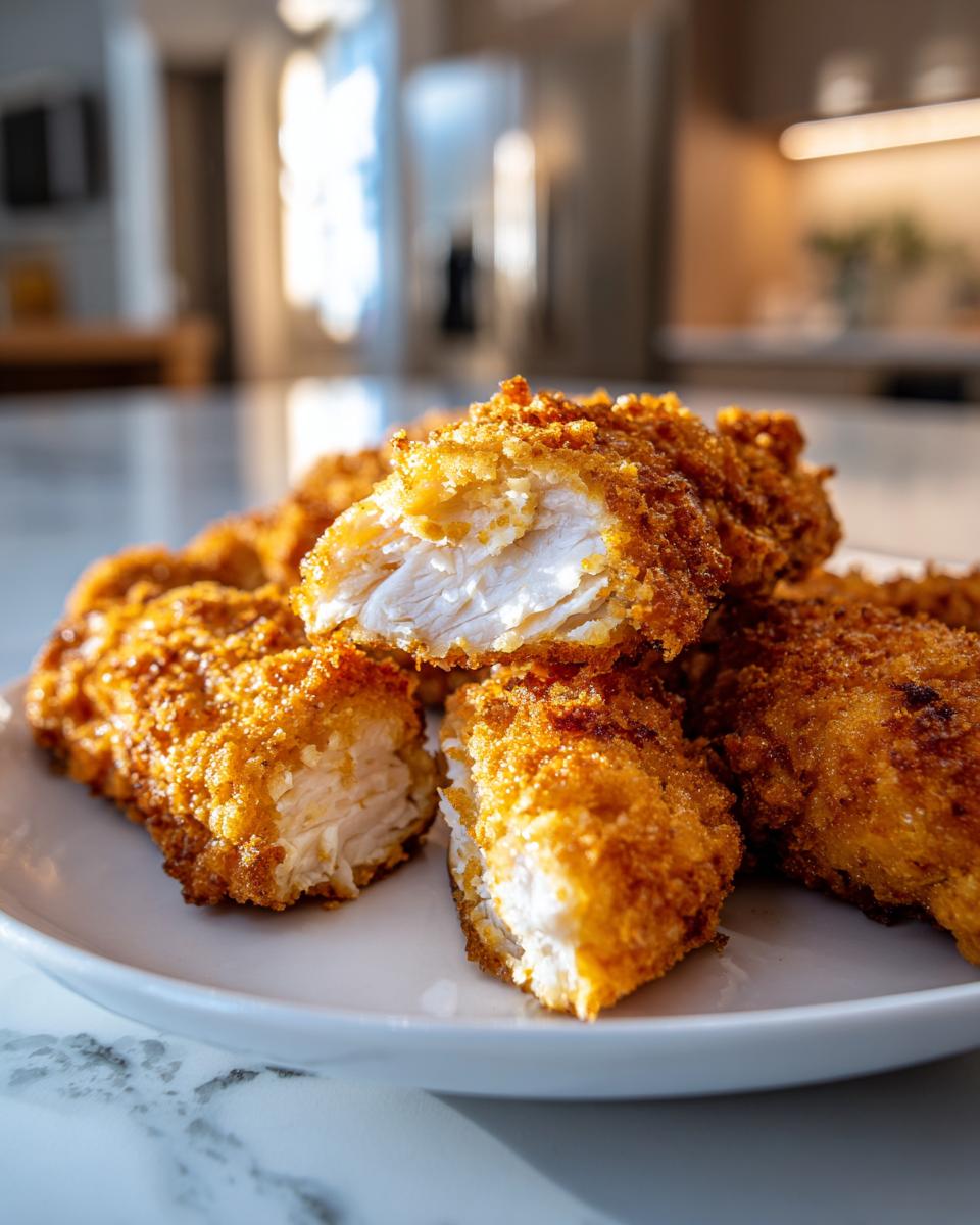 Close-up of crispy, golden air fryer chicken tenders, one cut open showing juicy white meat inside.