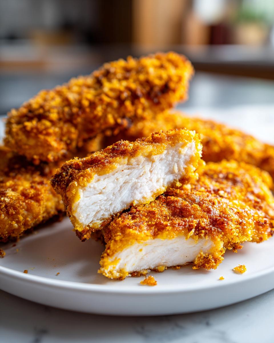 Close-up of crispy air fryer chicken tenders, one cut in half showing juicy white meat inside.