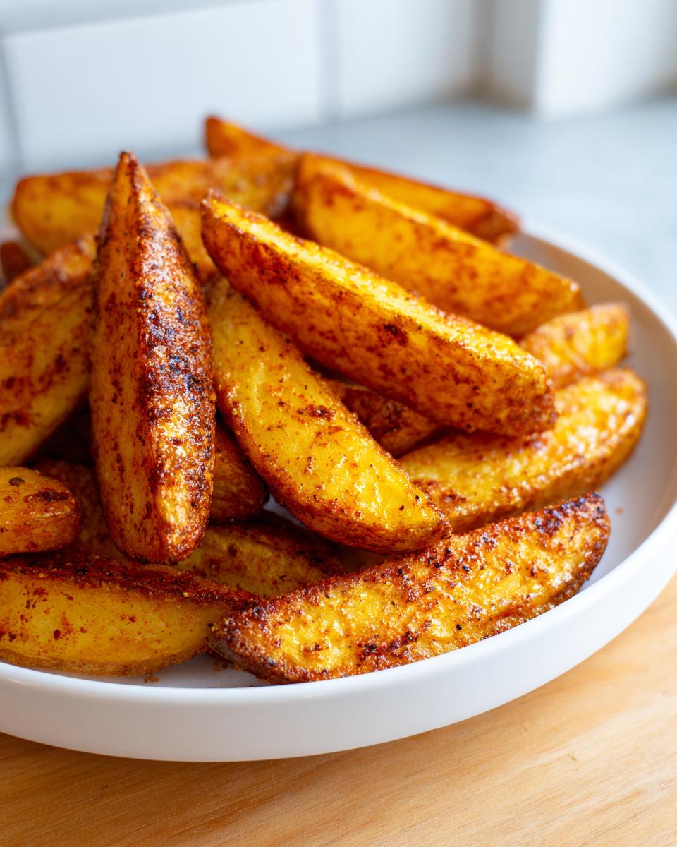 A close-up of golden brown, seasoned air fryer potato wedges piled high in a white bowl.