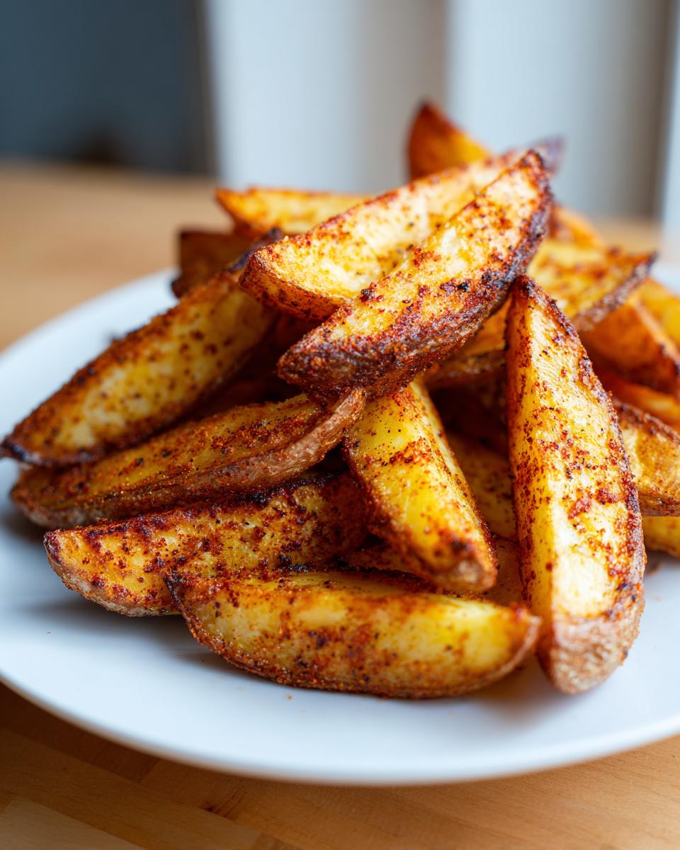 A close-up of a pile of golden, crispy air fryer potato wedges heavily seasoned with paprika and spices on a white plate.