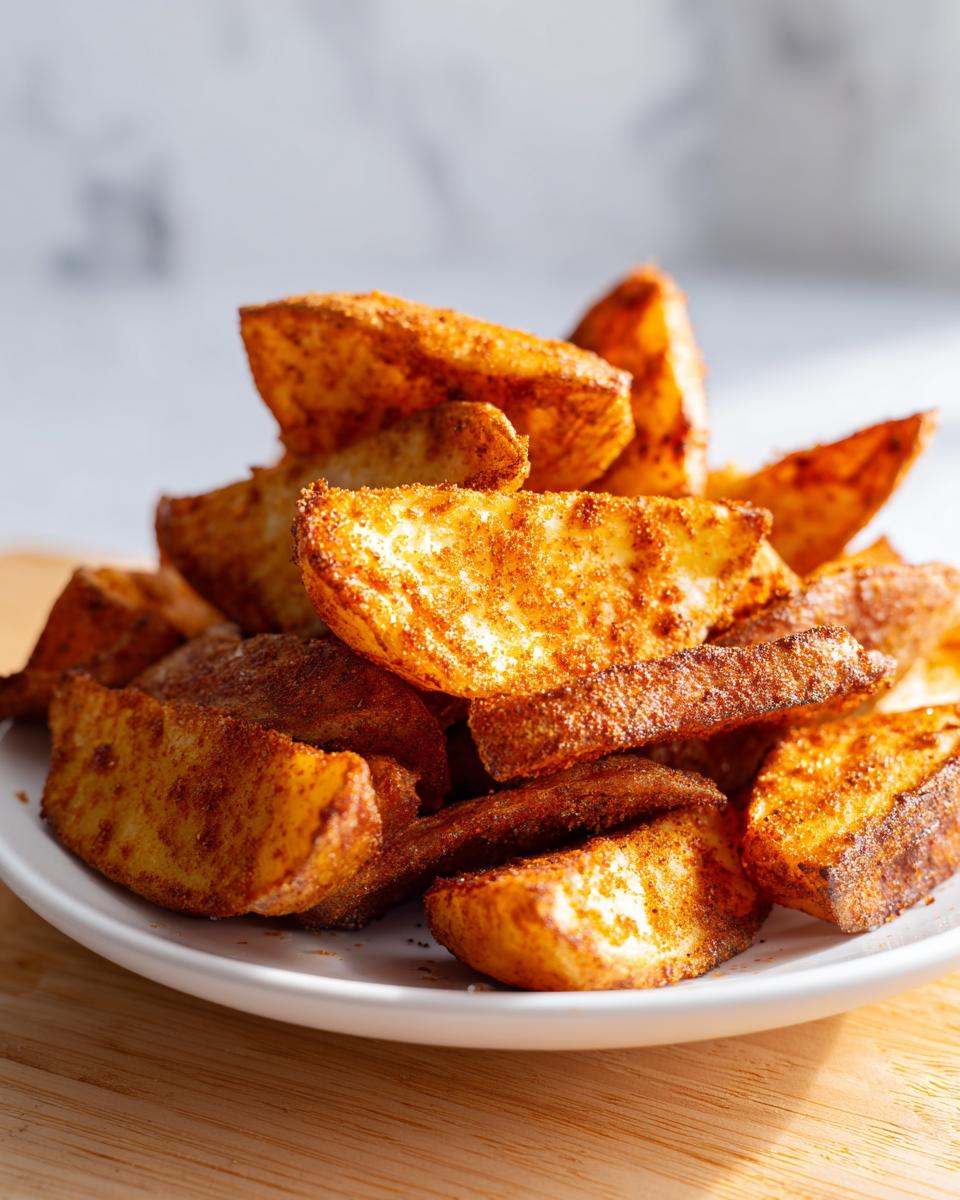 A close-up of a pile of perfectly seasoned and crispy air fryer potato wedges served on a white plate.