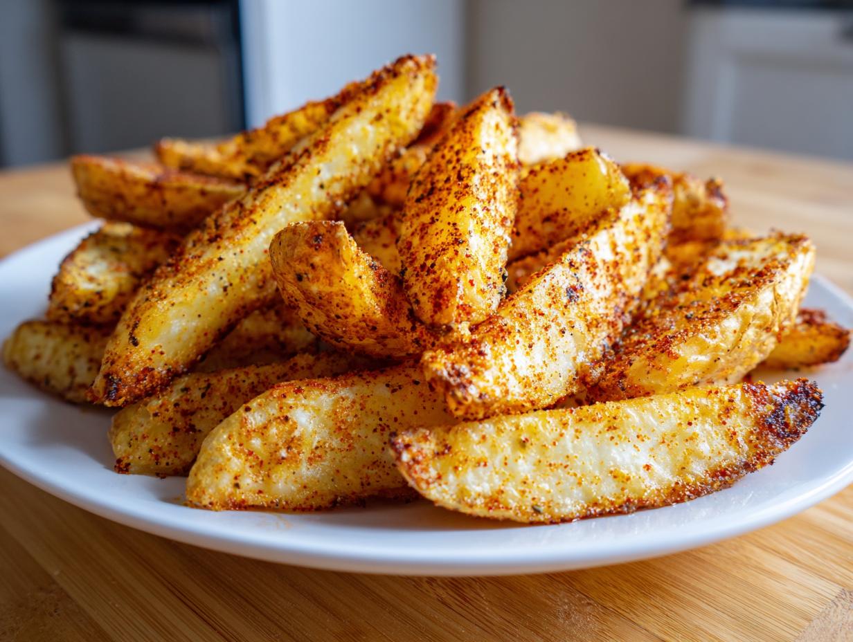 A close-up of a pile of golden, seasoned air fryer potato wedges served on a white plate.