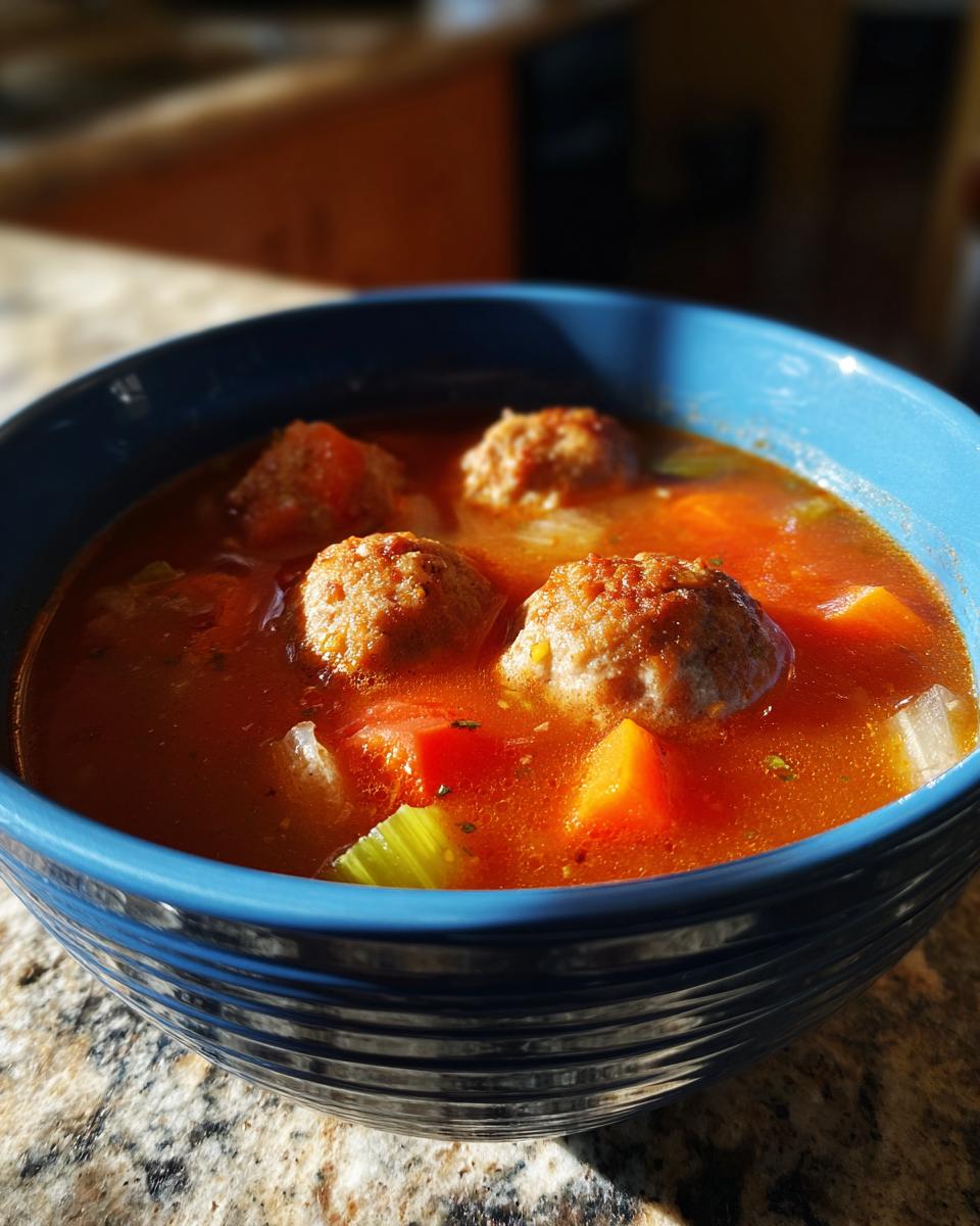 Close-up of a vibrant blue bowl filled with rich, tomato-based albondigas soup featuring meatballs and chunks of carrots and celery.