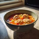 Close-up of a bowl of rich, tomato-based albondigas soup featuring four meatballs studded with rice, garnished with vegetables.