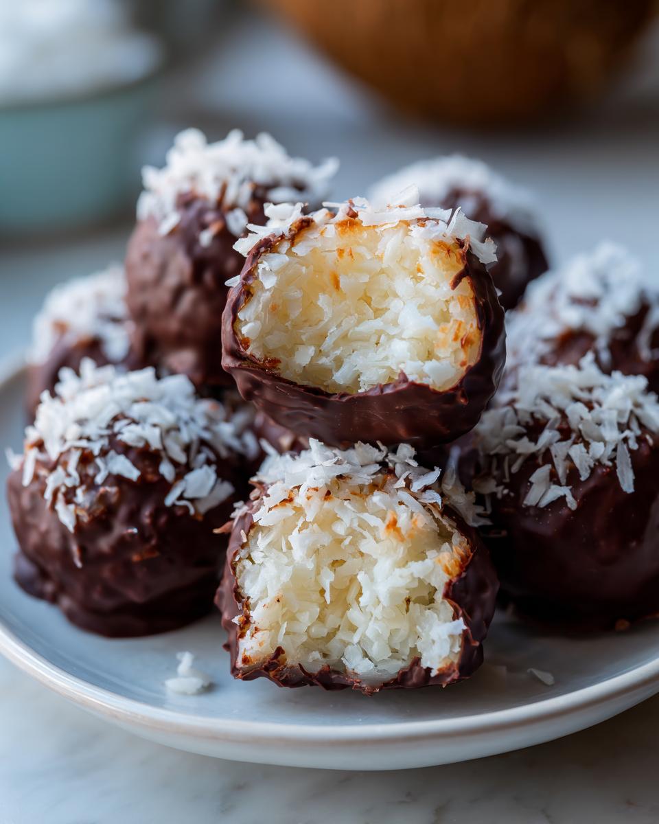 Close-up of several chocolate-dipped almond joy truffles, one bitten open to show the shredded coconut filling.