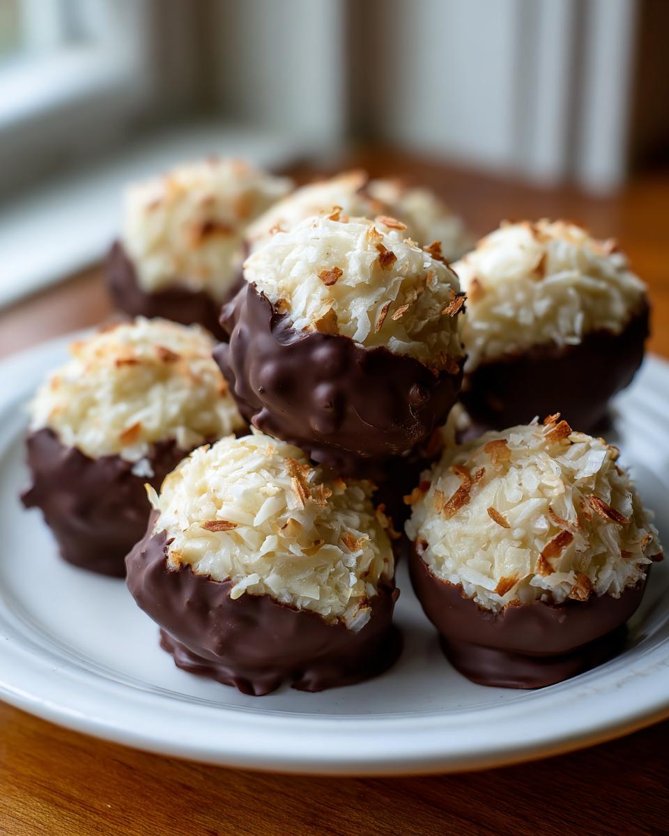A pile of homemade almond joy truffles, featuring coconut tops dipped in rich dark chocolate, resting on a white plate.