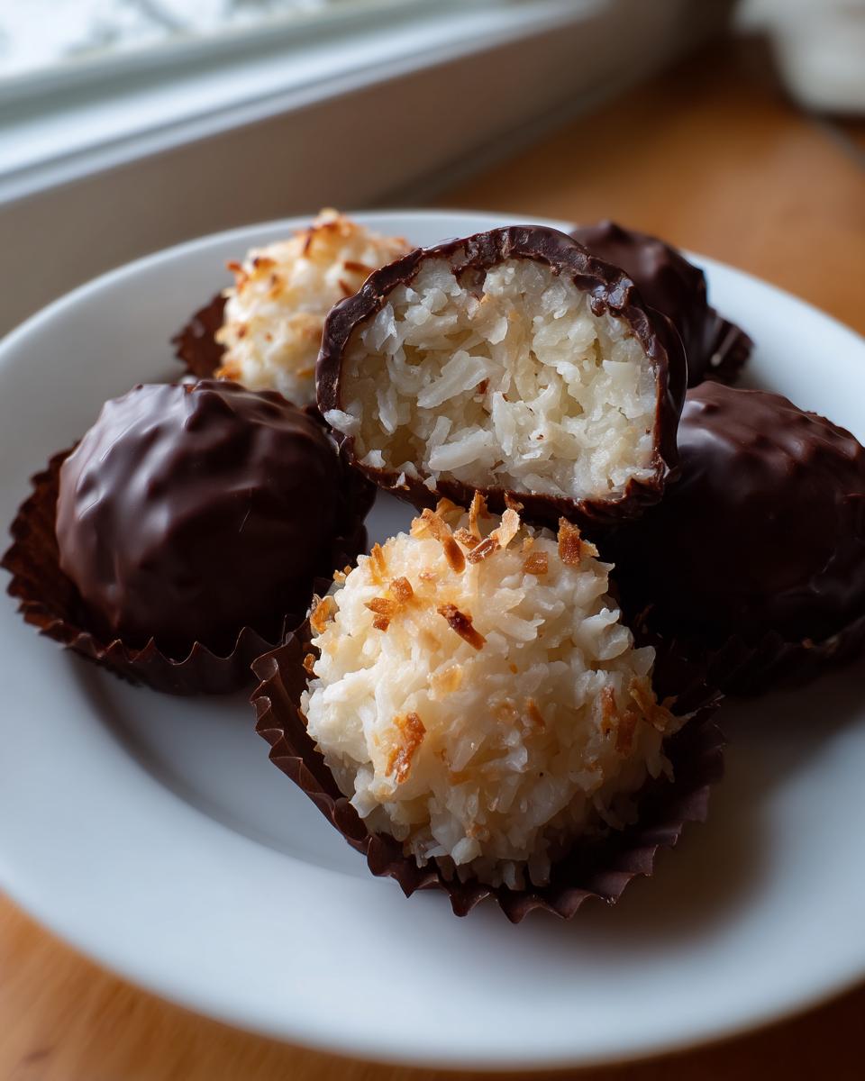 A plate of homemade almond joy truffles, one cut open to show the shredded coconut filling.