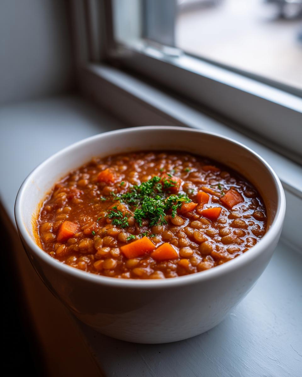 A close-up of a white bowl filled with rich, thick lentil soup topped with diced carrots and fresh parsley.