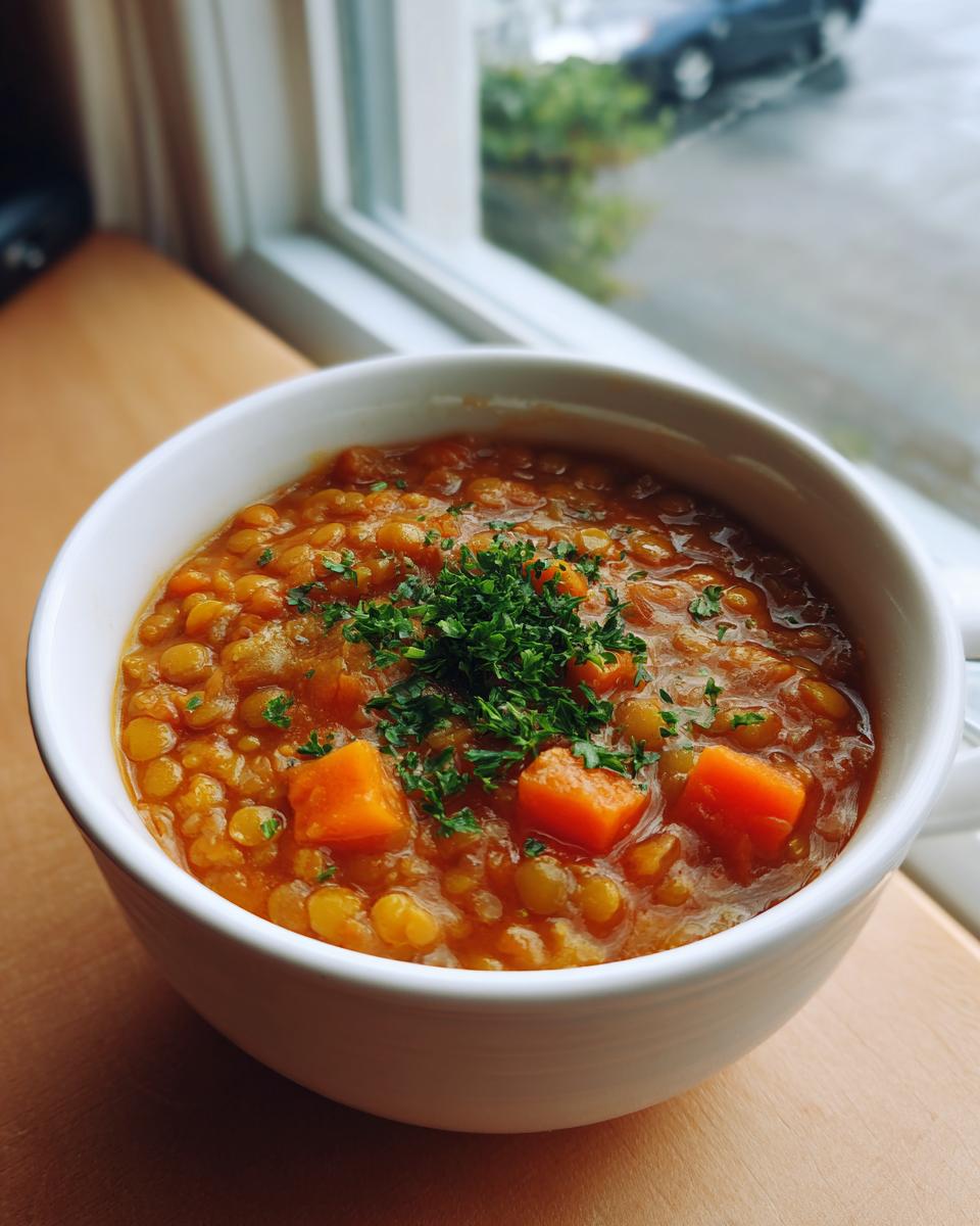A close-up of a white bowl filled with thick, orange lentil soup topped with fresh parsley and diced carrots.