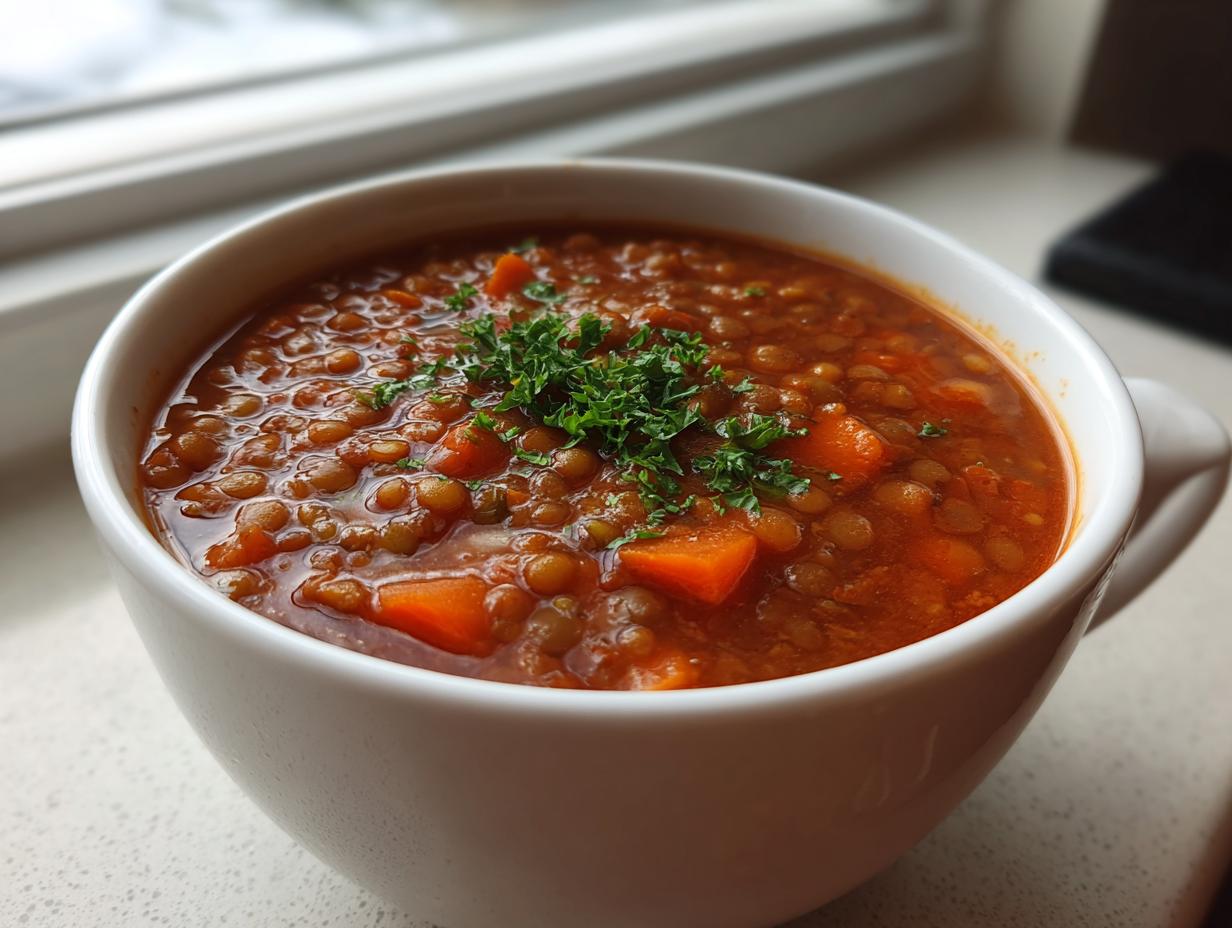 Close-up of a white mug filled with rich, tomato-based lentil soup, topped with fresh parsley.