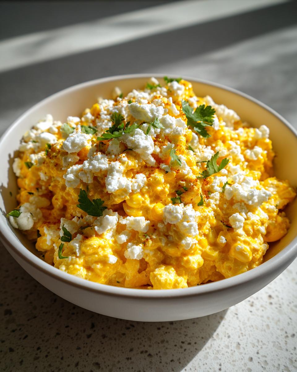 A close-up of a vibrant yellow corn dip topped with crumbled white cheese and fresh cilantro.