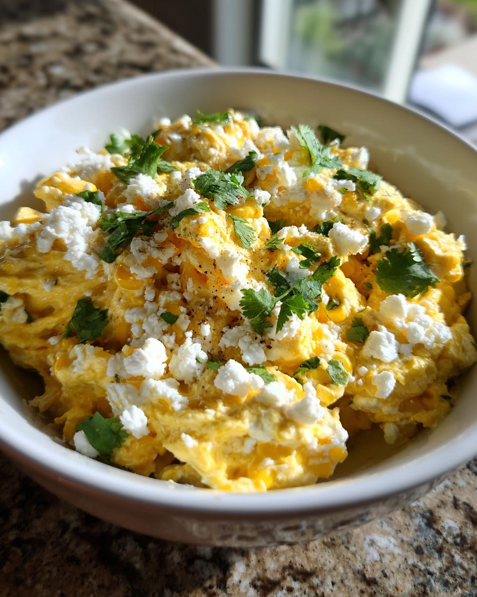 A close-up of a creamy, yellow corn dip topped generously with crumbled white cheese and fresh cilantro.