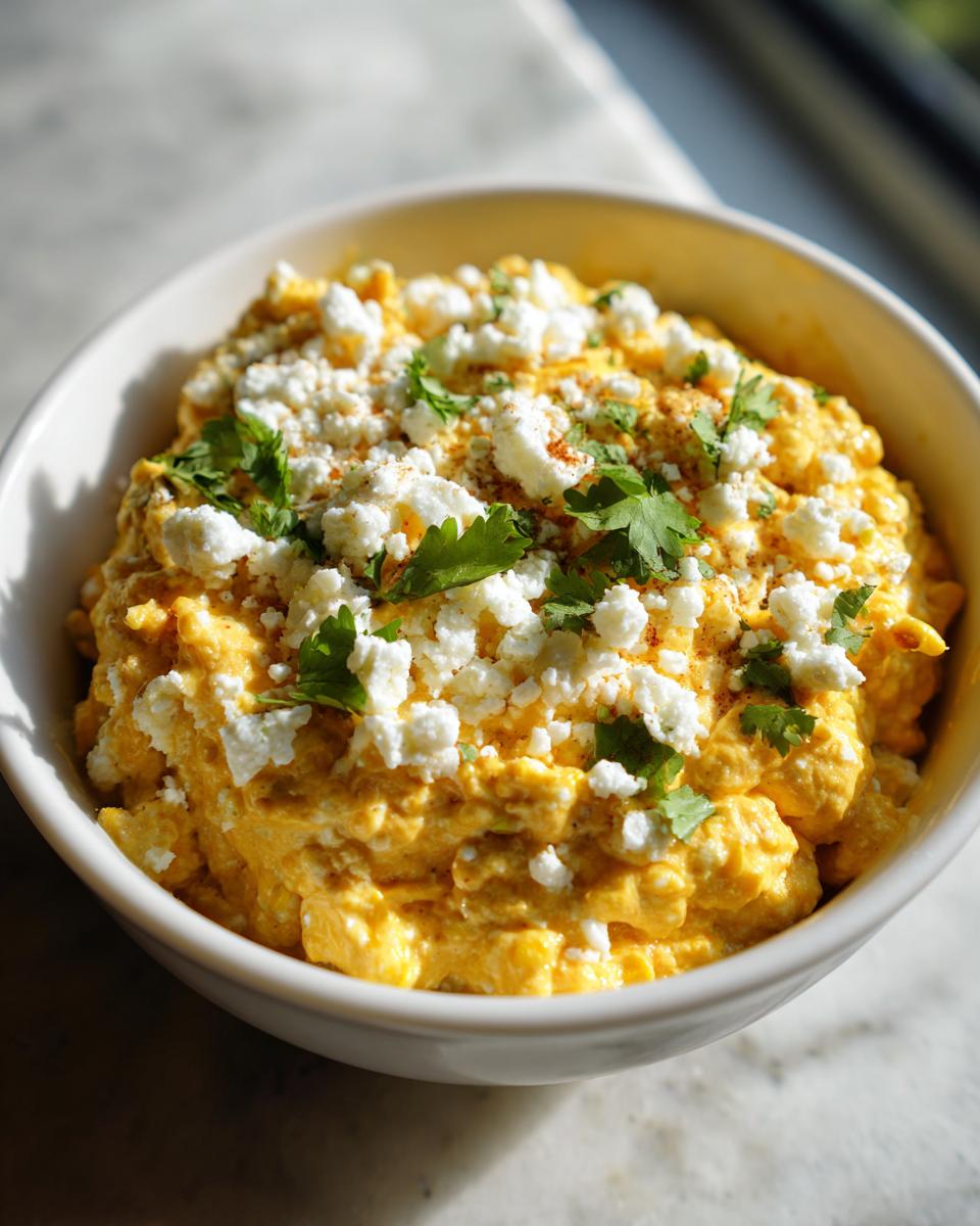 Close-up of a creamy, bright yellow corn dip topped generously with crumbled white cheese and fresh cilantro.